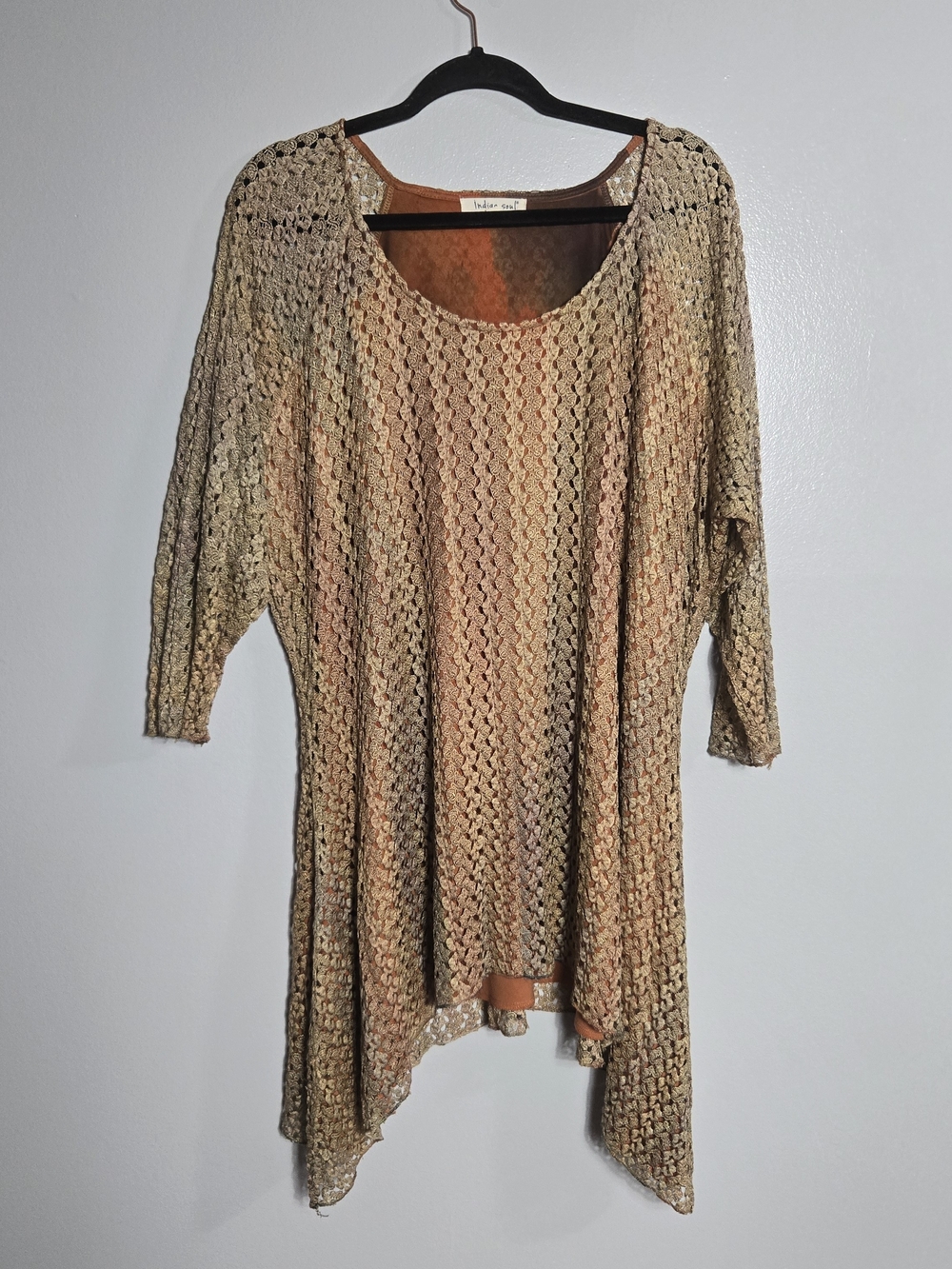Indigo Soul Crochet Knit Tie Dye Mesh Lining Asymmetric Sharkbite Tunic Size 3XL